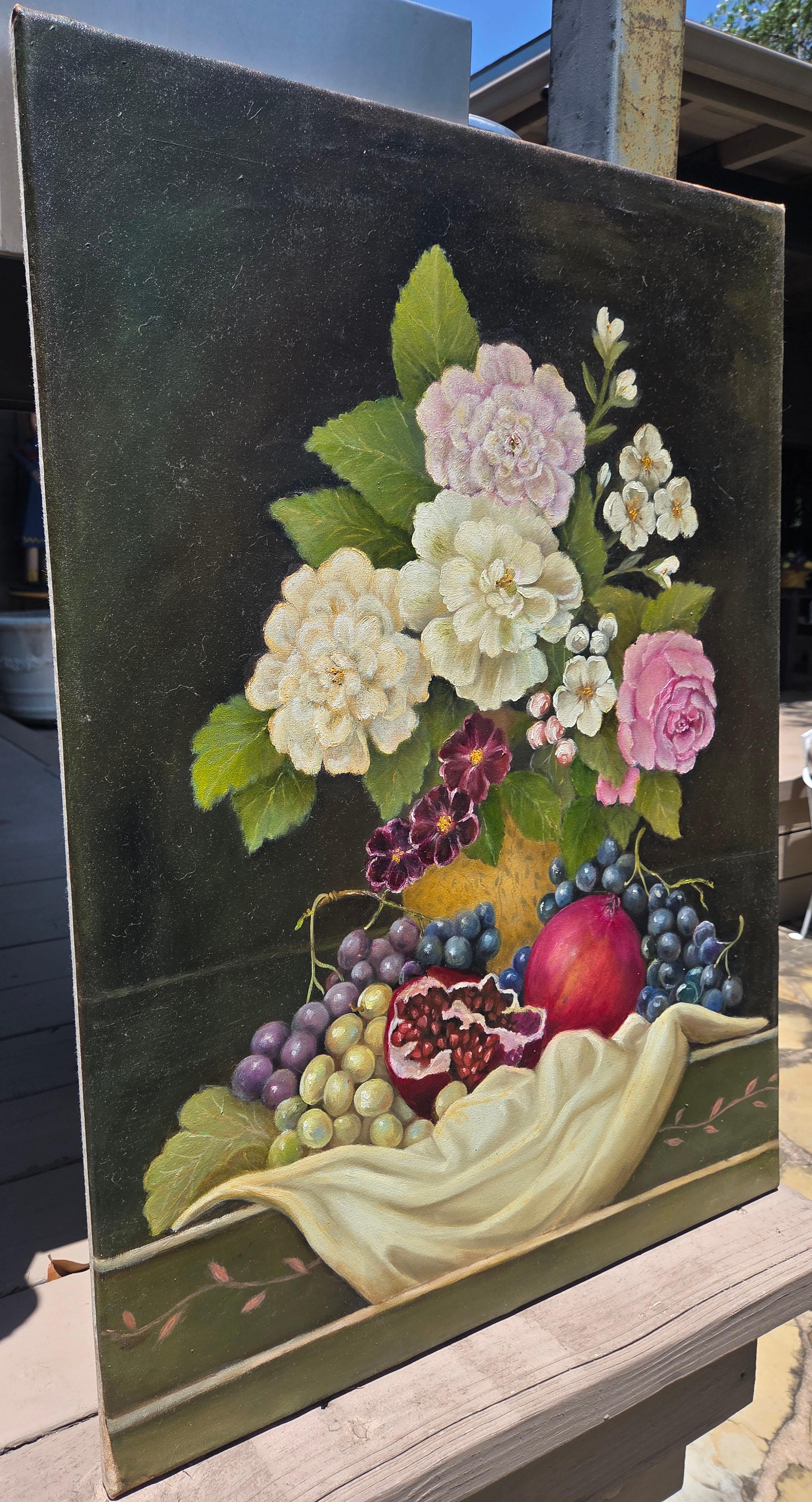 Baroque Style Still Life with Roses, Grapes, Pomegranate, Drapery, Fruit, Flower For Sale 1