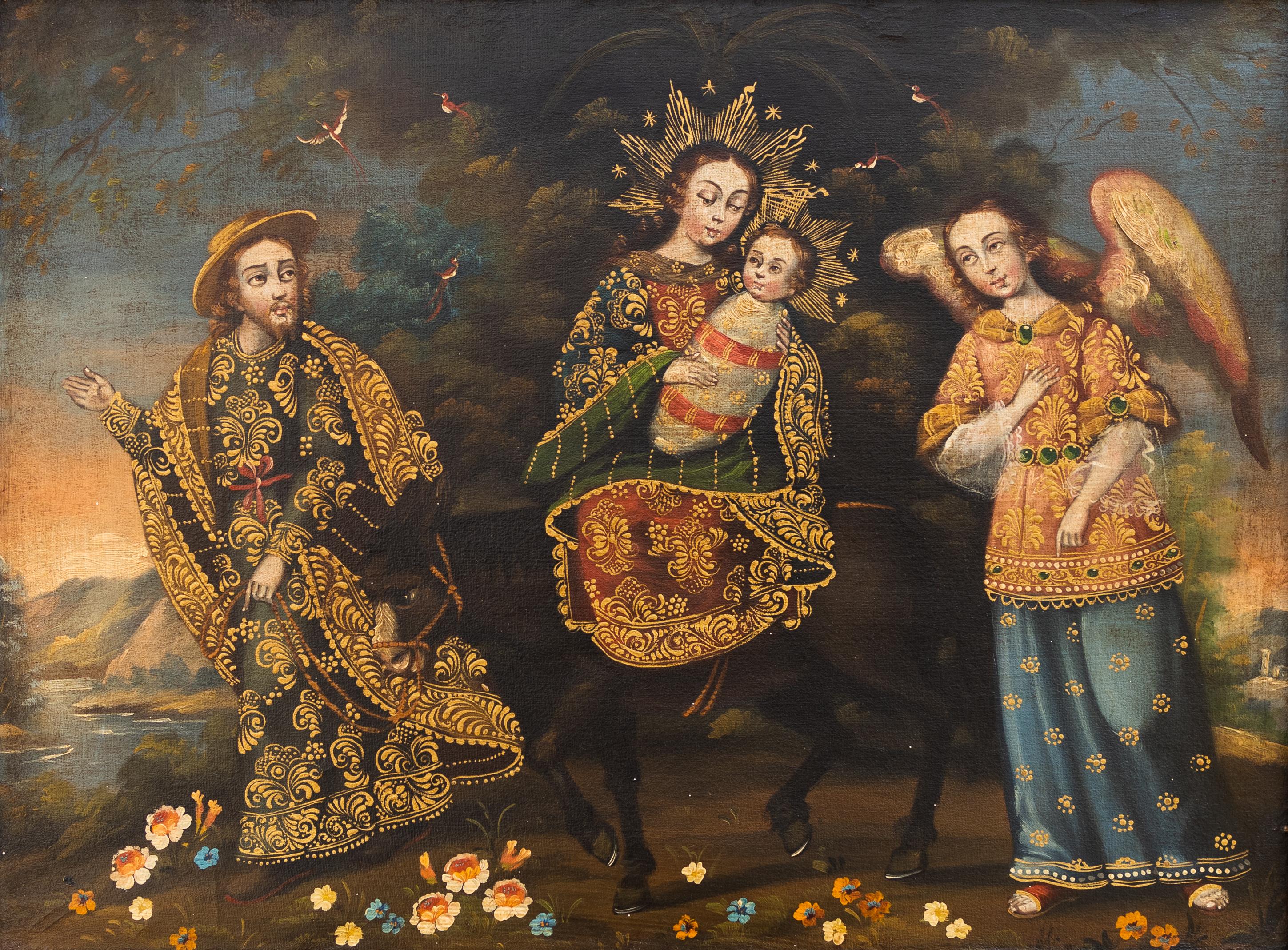 Martha Ochoa Figurative Painting - "Familia Huida"  Icon painting of the Holy Family, Mary Christ Baby Joseph Angel