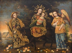 Antique "Familia Huida"  Icon painting of the Holy Family, Mary Christ Baby Joseph Angel