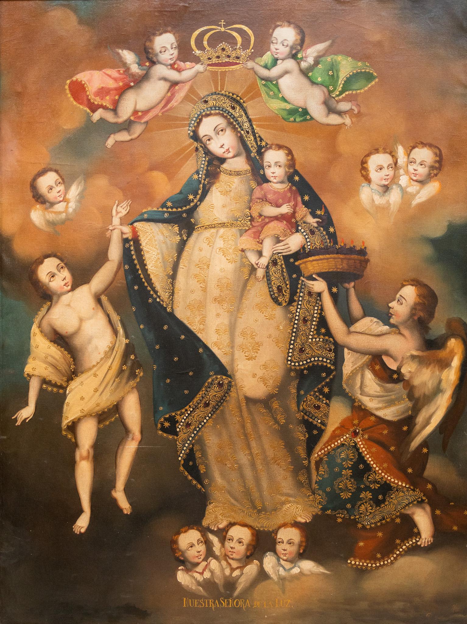 "La Inmaculada Concepción" Scena cattolica peruviana in stile Cusco di Martha Ochoa