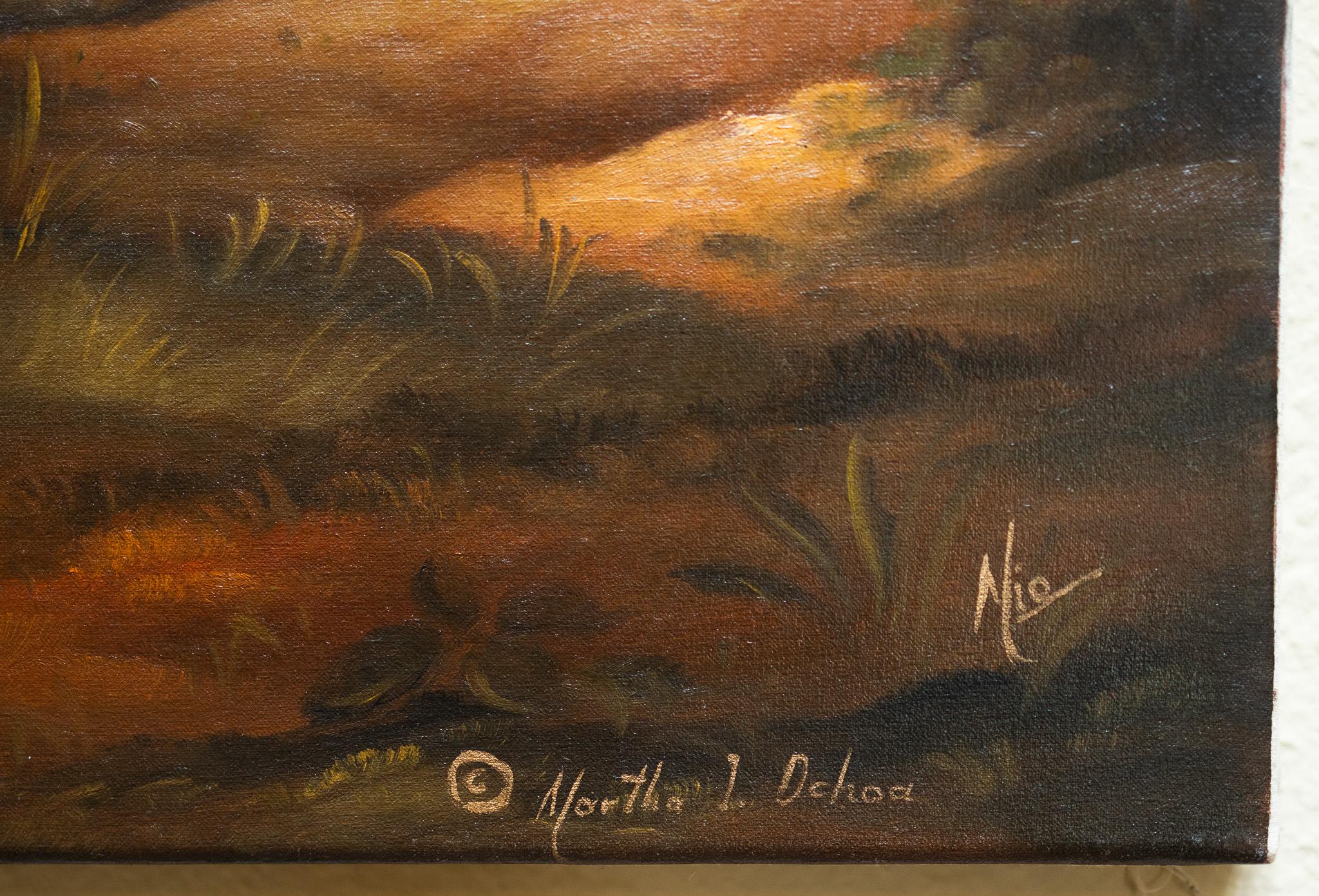 Grande peinture à l'huile de style baroque représentant une scène de manoir avec cheval et chiens dans un paysage - Baroque Painting par Martha Ochoa