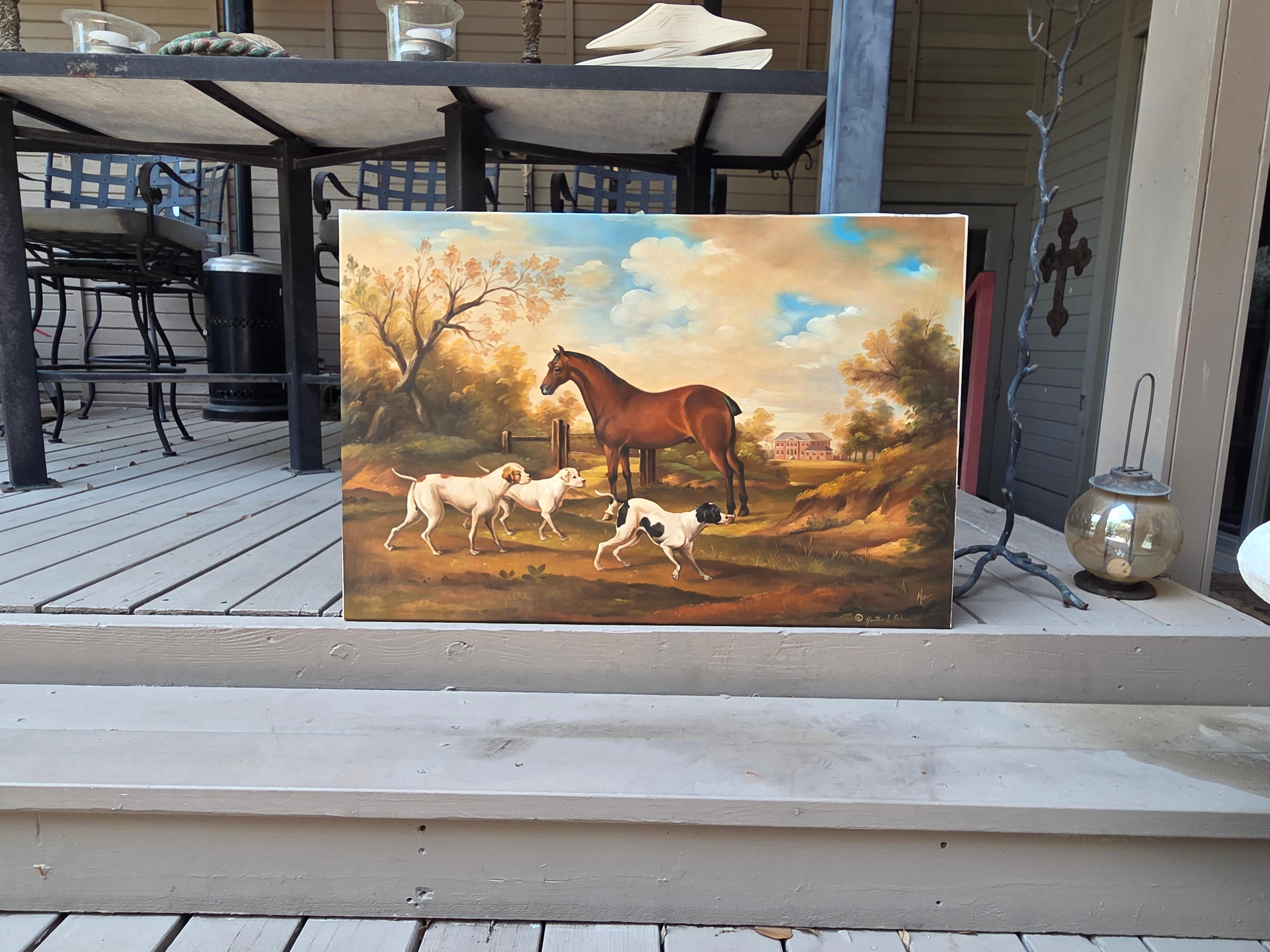 Grande peinture à l'huile de style baroque représentant une scène de manoir avec cheval et chiens dans un paysage - Marron Animal Painting par Martha Ochoa