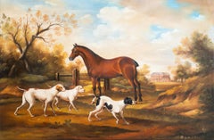 Grande peinture à l'huile de style baroque représentant une scène de manoir avec cheval et chiens dans un paysage