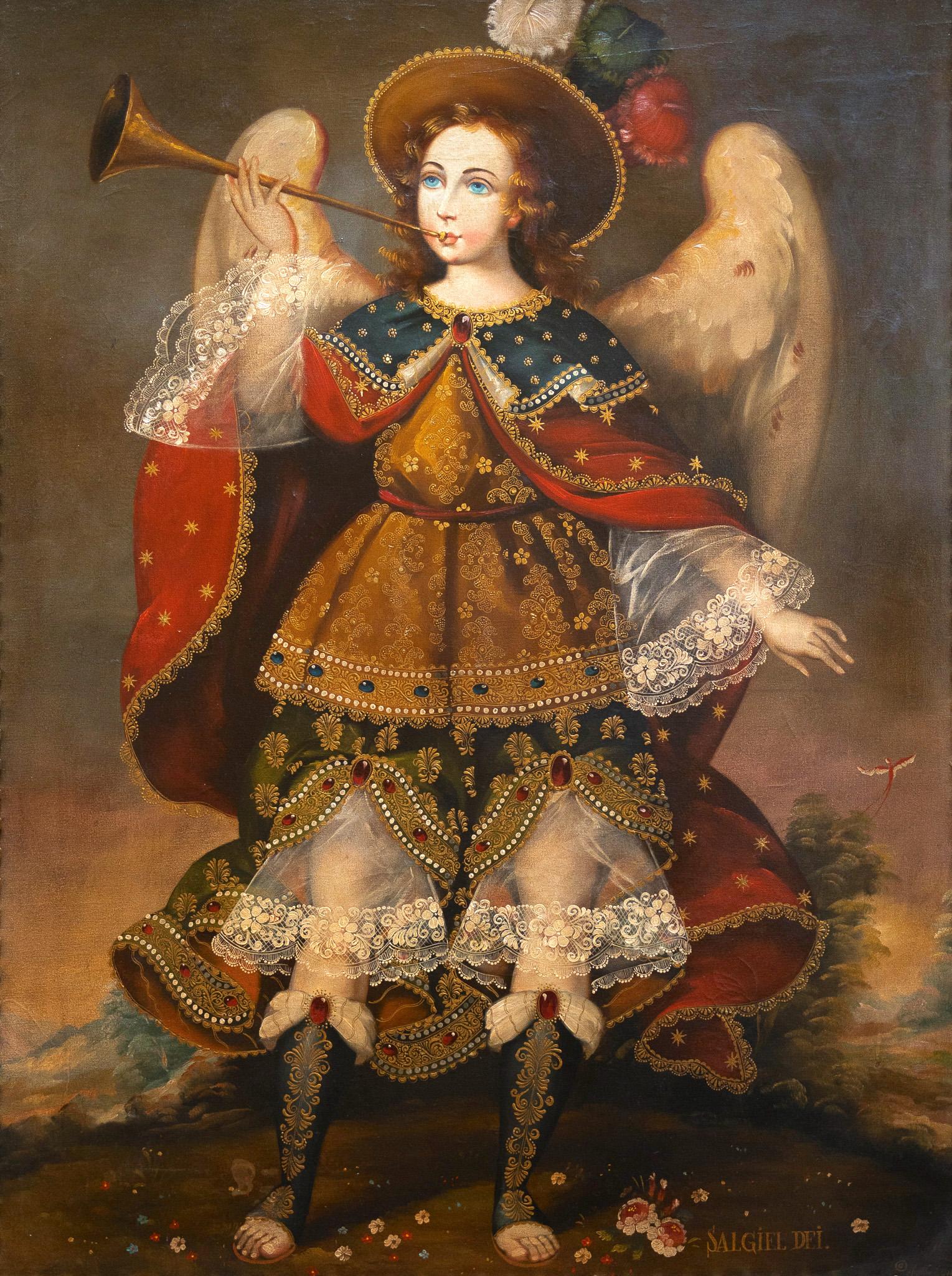 Von Martha Ochoa
Öl auf Leinwand
Leinwand Größe: 48" x 36"
Gerahmt Größe: 58.75" x 47"

Dieses schöne Gemälde von Martha Ochoa stammt aus der Cusco-Tradition. Die Cusco-Schule war eine künstlerische Tradition, die im 16. und 17. Jahrhundert in