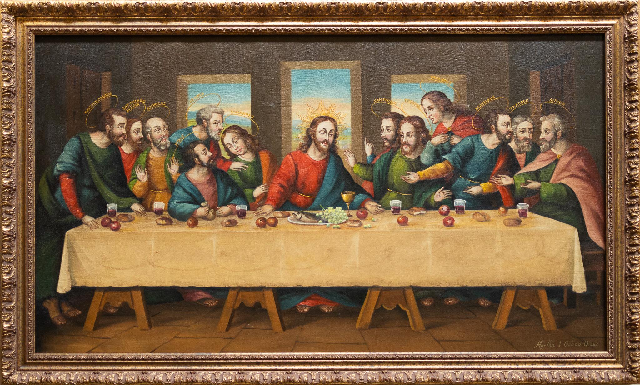 « Le dernier supplément », représentation péruvienne de style Cusco de Jésus avec les disciples - Painting de Martha Ochoa