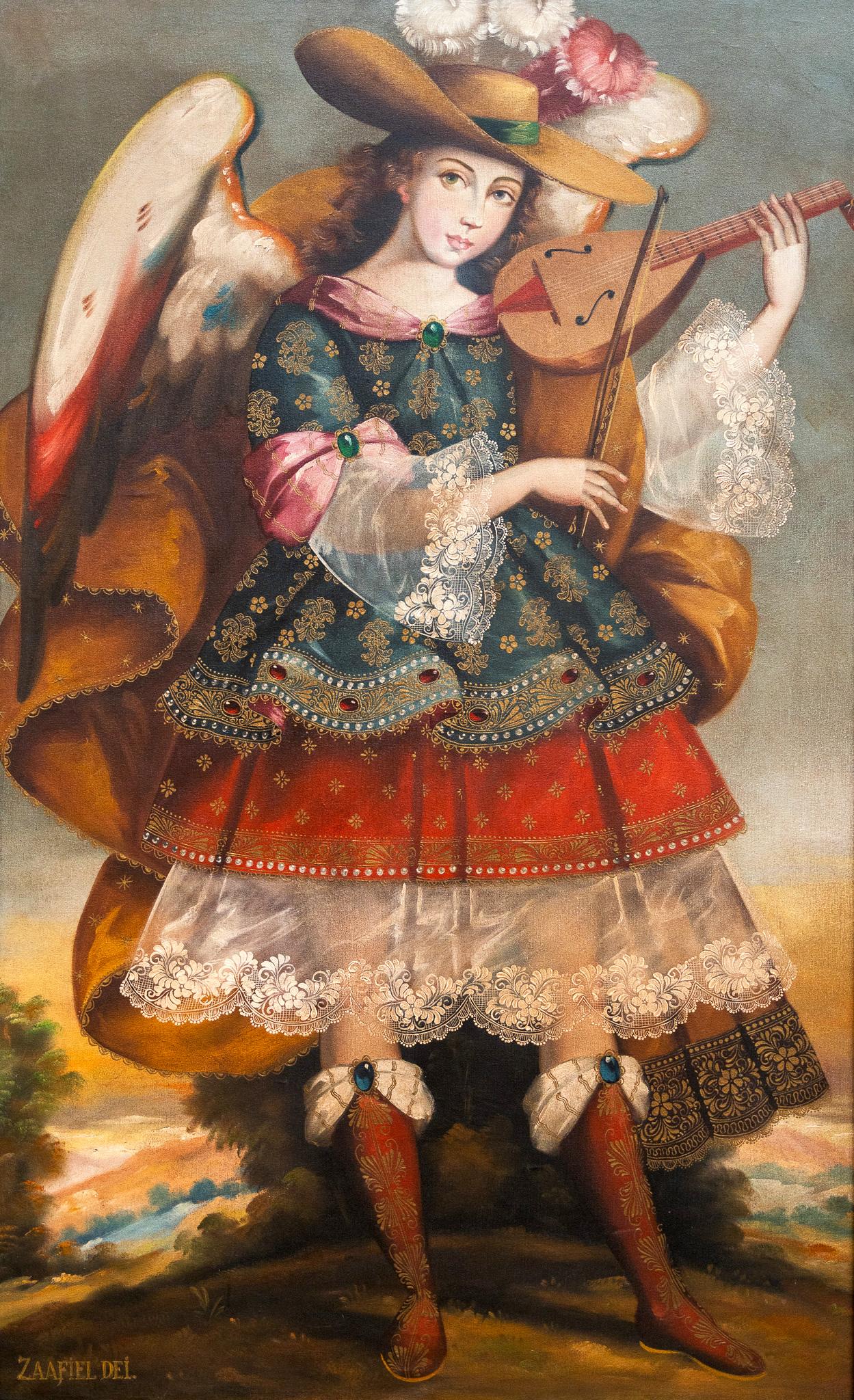 Di Martha Ochoa
Olio su tela
Dimensioni della tela: 59" x 39"
Incorniciato Dimensioni: 66.75" x 44"

Questo delizioso dipinto di Martha Ochoa appartiene alla tradizione di Cusco. La Scuola di Cusco era una tradizione artistica emersa tra il XVI e il