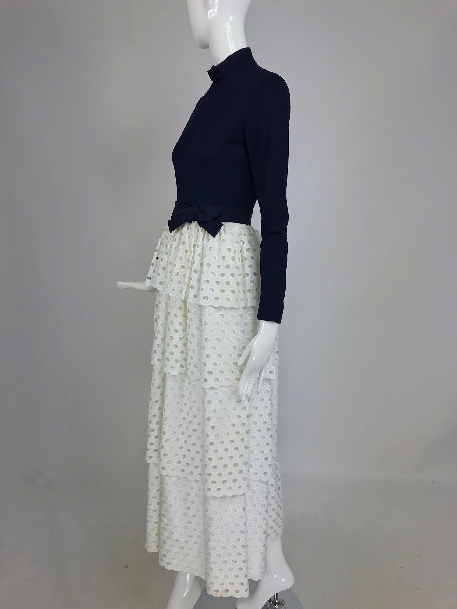 Martha Palm Beach Ink Blue Jersey Tiered White Eyelet Maxi Dress 1970s 6