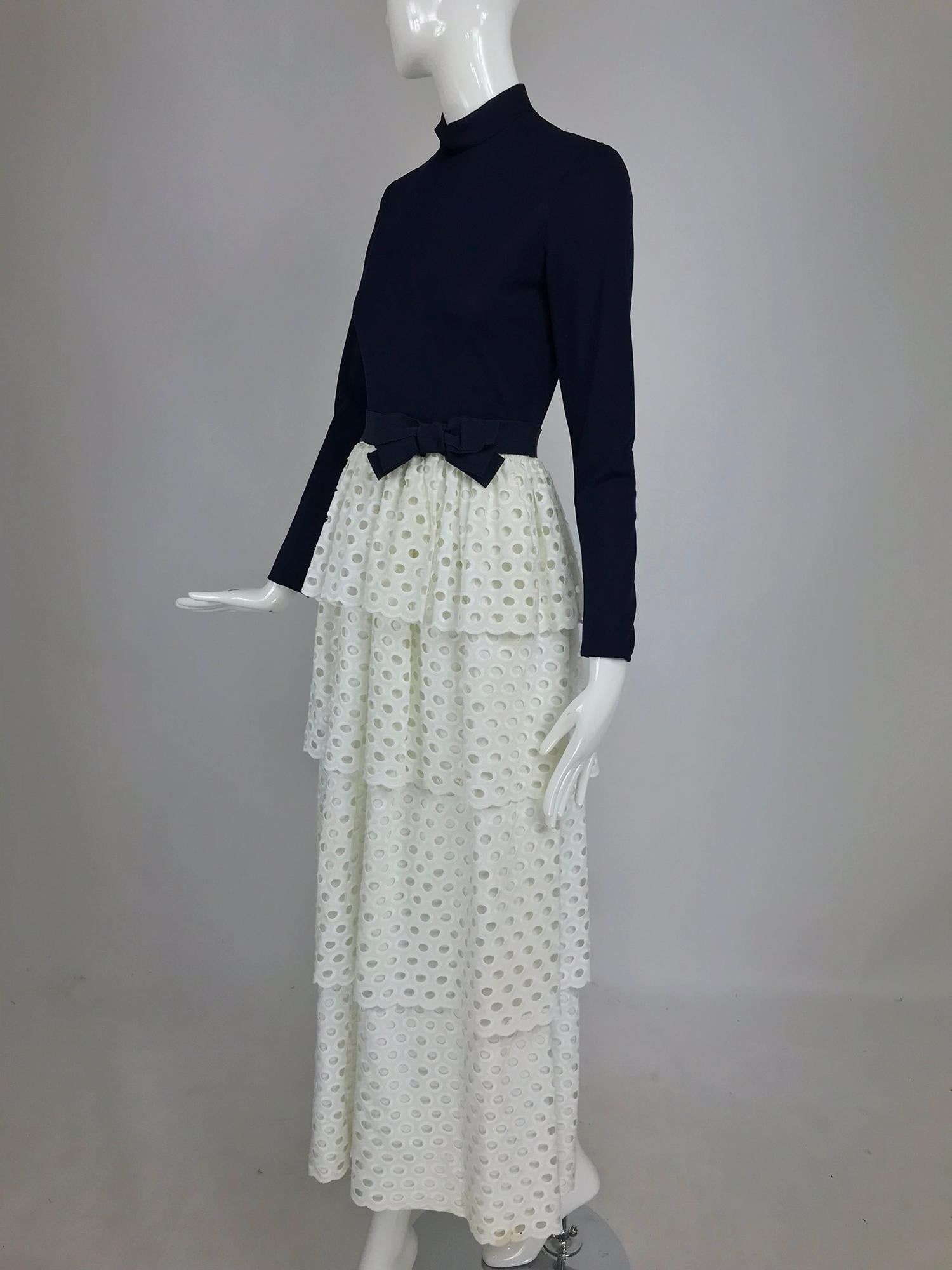 Martha Palm Beach Ink Blue Jersey Tiered White Eyelet Maxi Dress 1970s 7