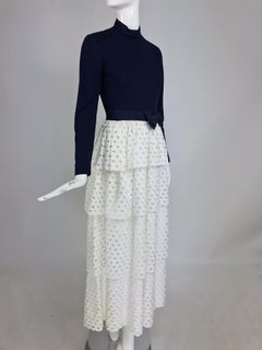 Martha Palm Beach Ink Blue Jersey Tiered White Eyelet Maxi Dress 1970s
