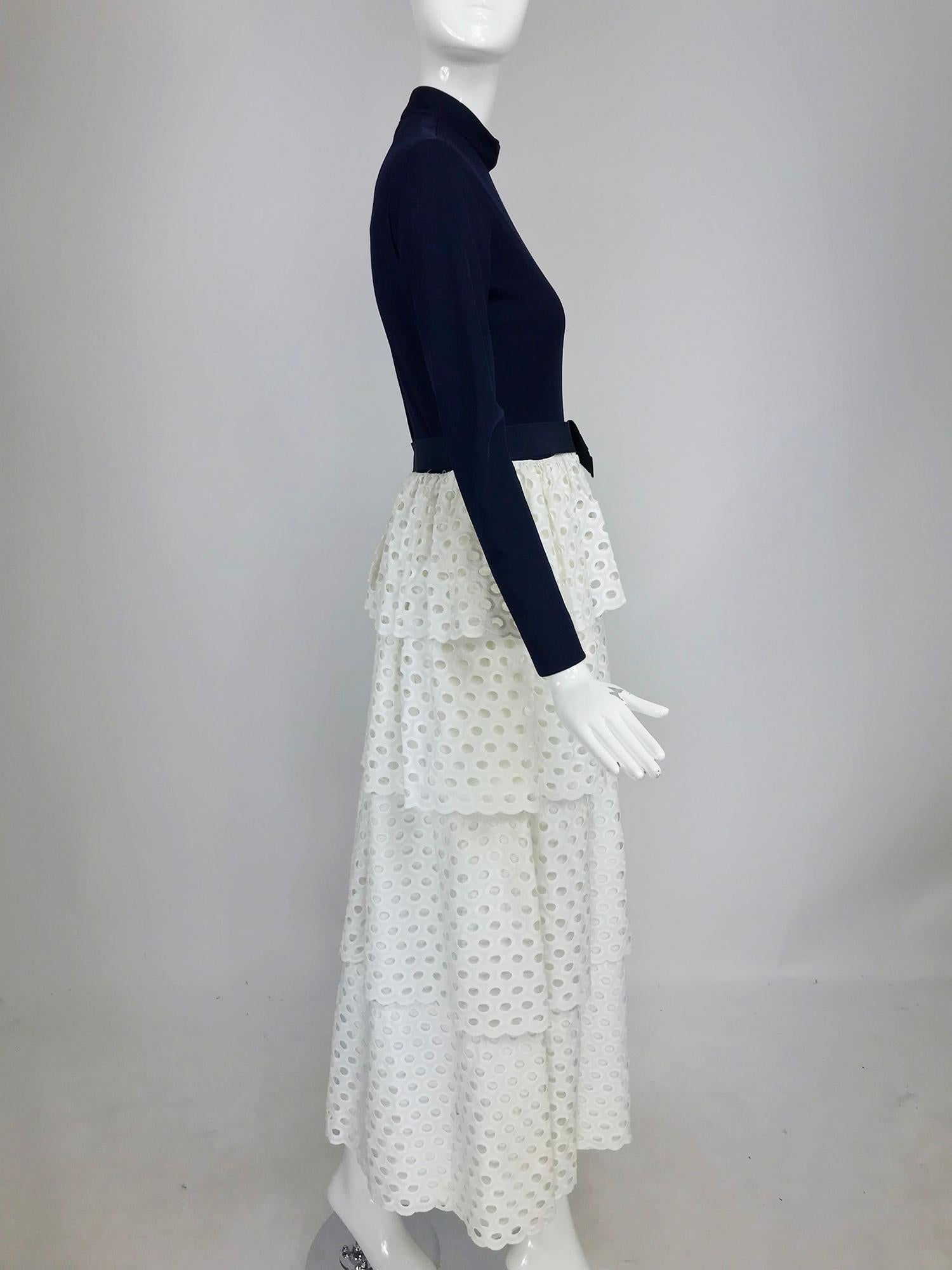 Martha Palm Beach Ink Blue Jersey Tiered White Eyelet Maxi Dress 1970s In Good Condition In West Palm Beach, FL