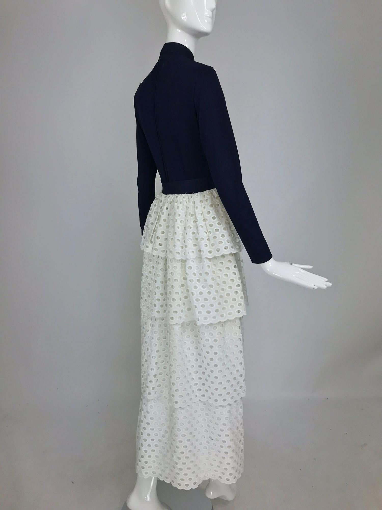 Women's Martha Palm Beach Ink Blue Jersey Tiered White Eyelet Maxi Dress 1970s