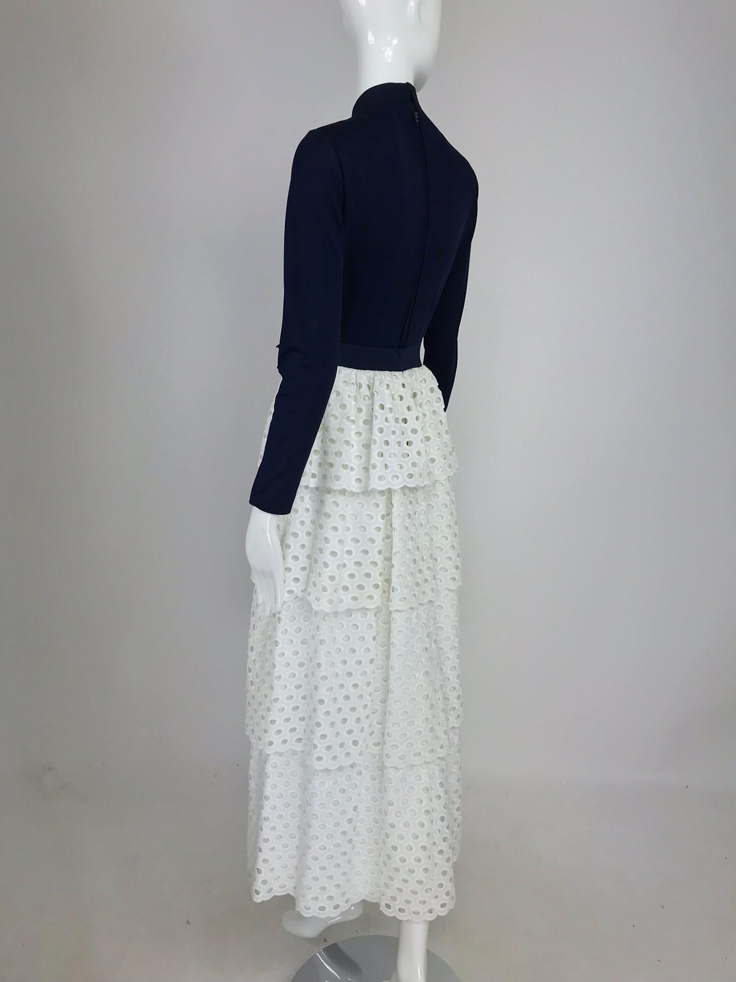 Martha Palm Beach Ink Blue Jersey Tiered White Eyelet Maxi Dress 1970s 4