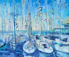 Harbor in Blue - Abstracted Landscape in Oil, Signed and Framed