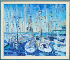 Harbor in Blue - Abstracted Landscape in Oil, Signed and Framed