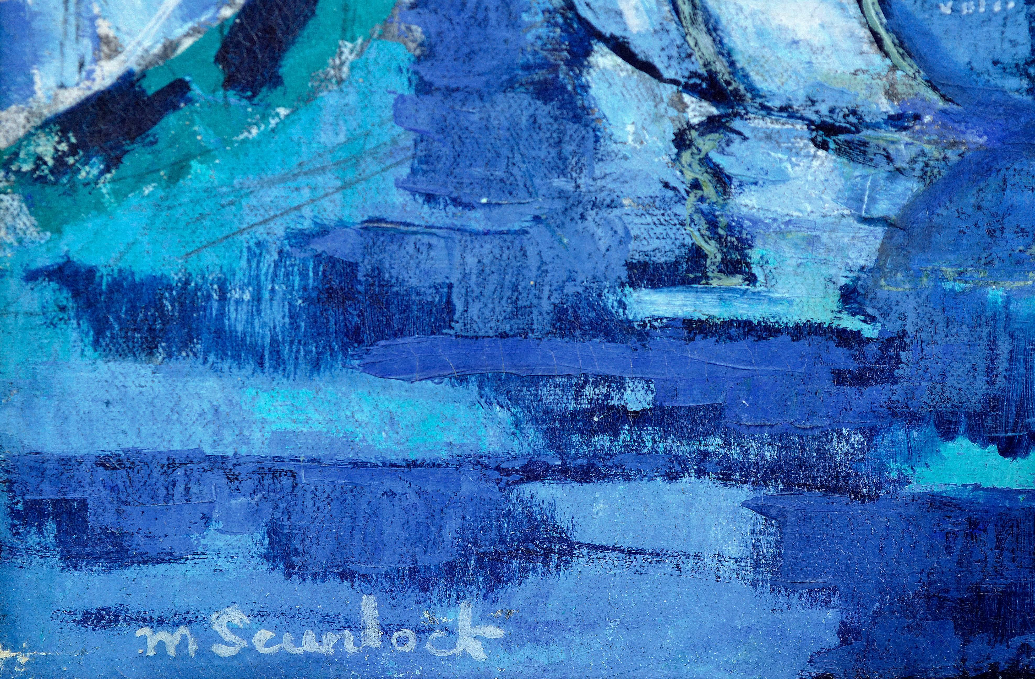 Representación estilizada de una escena portuaria en azul monocromo con elementos abstraídos, de Martha Scurlock (estadounidense, siglo XX). Firmado abajo a la izquierda 