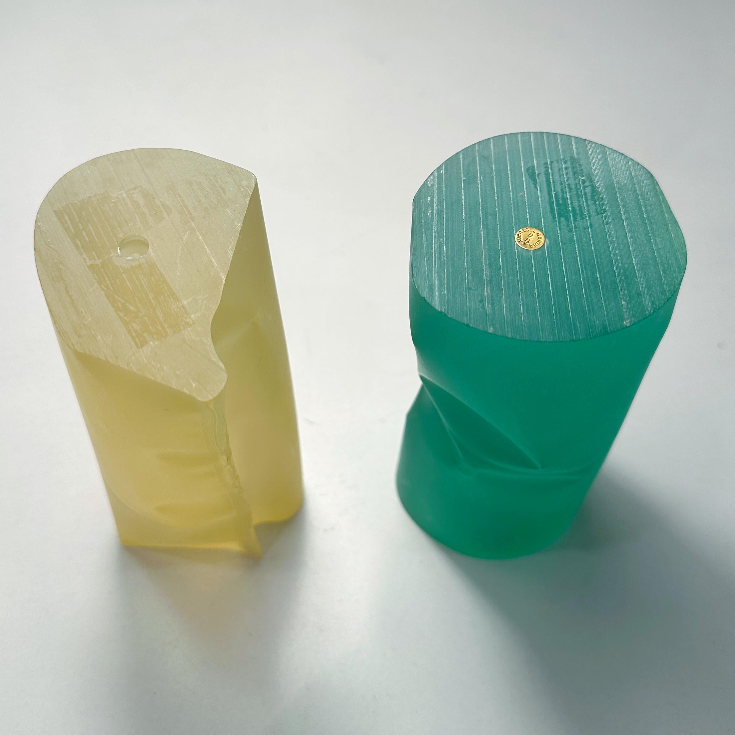 Martha Sturdy Canada Pair Frosted Yellow & Green Resin Candle Holders, ca 1980s 3