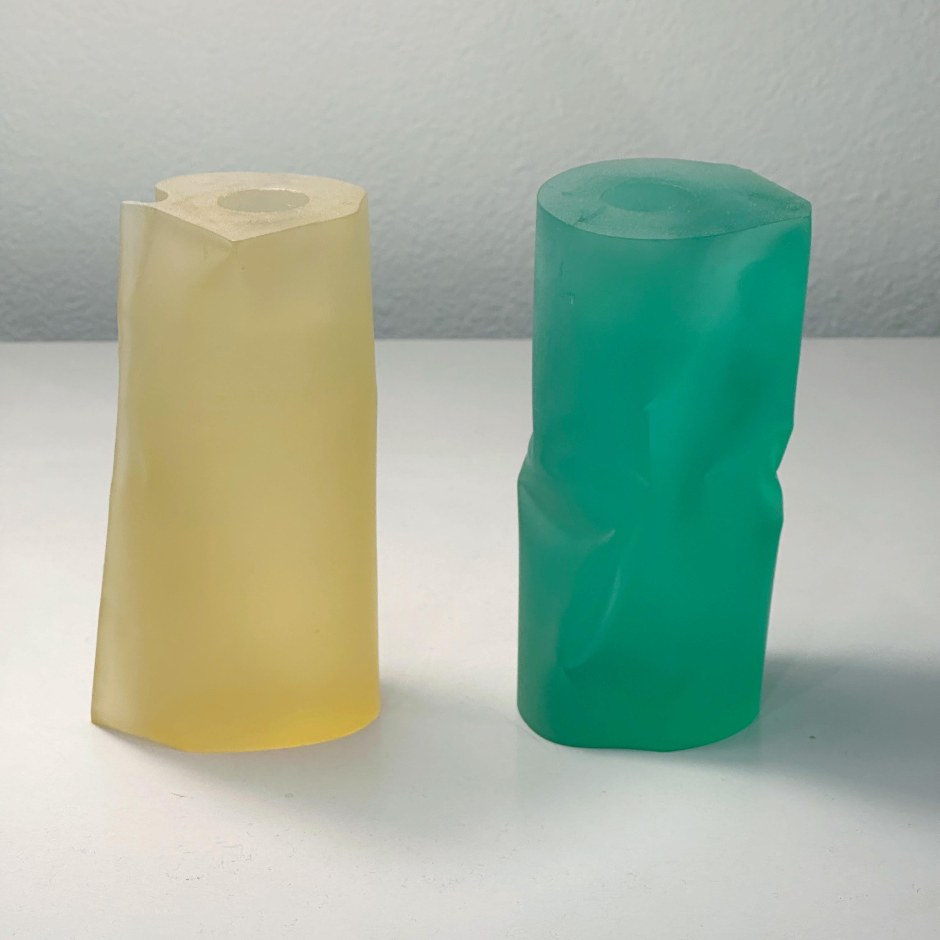 Modern Martha Sturdy Canada Pair Frosted Yellow & Green Resin Candle Holders, ca 1980s