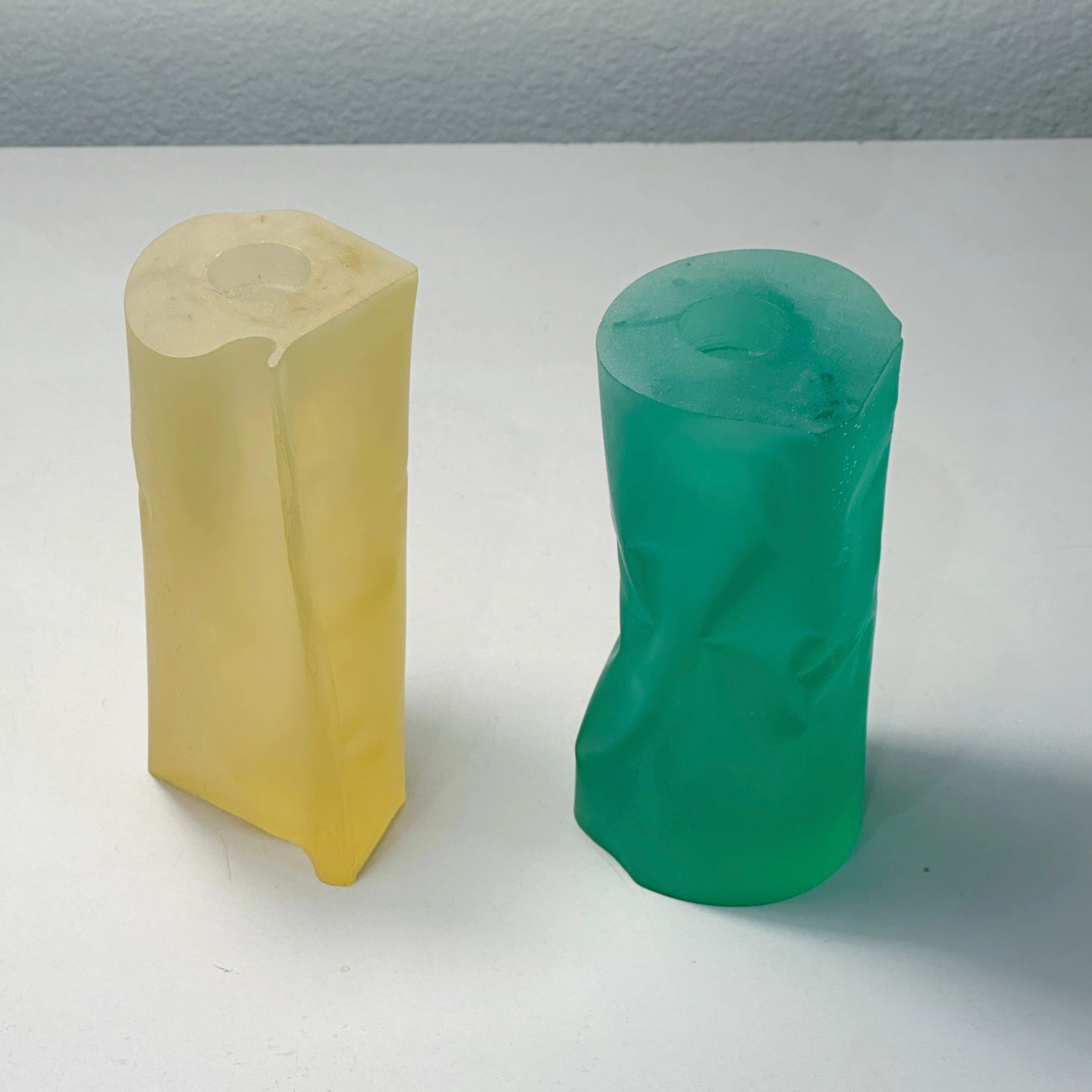 Canadian Martha Sturdy Canada Pair Frosted Yellow & Green Resin Candle Holders, ca 1980s