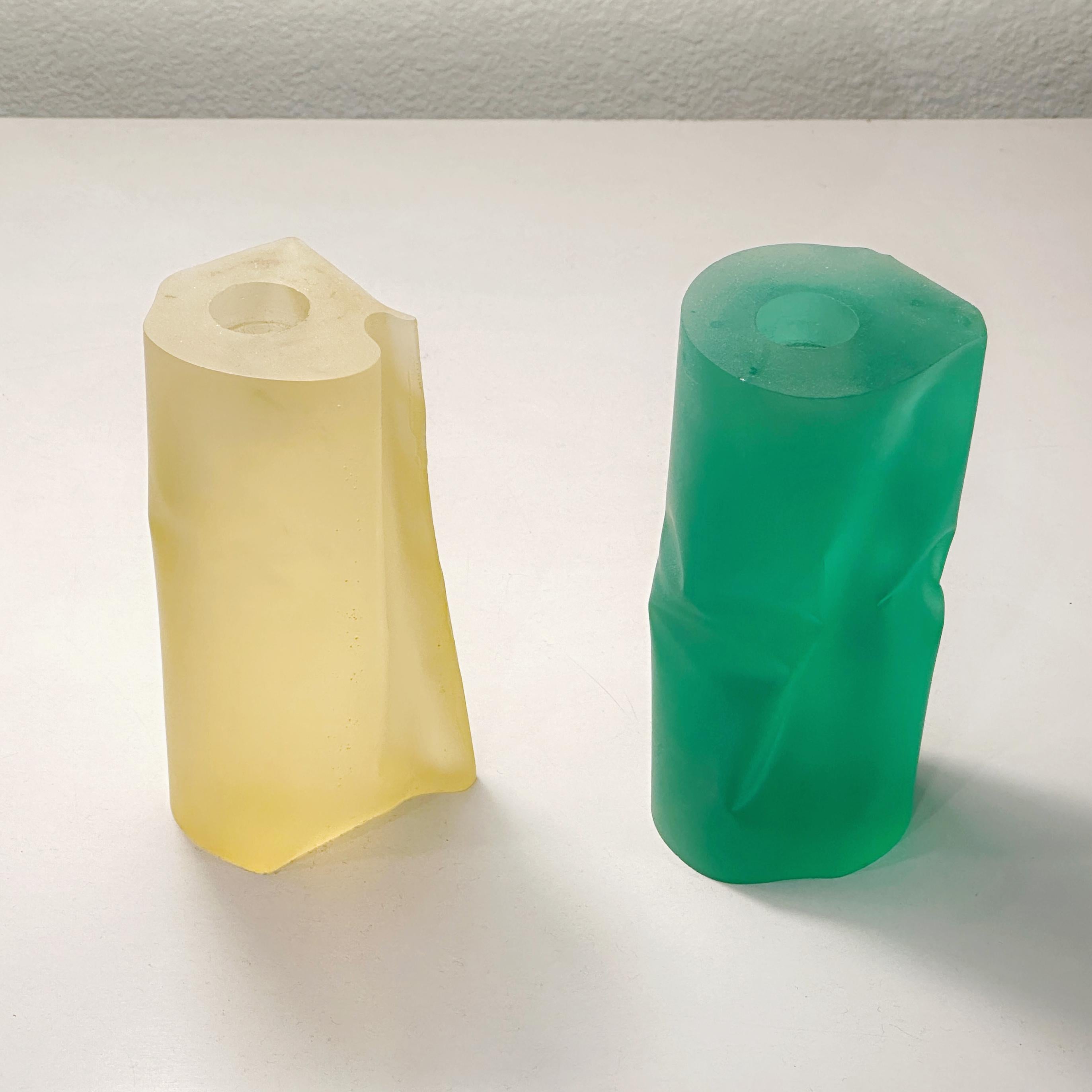 Cast Martha Sturdy Canada Pair Frosted Yellow & Green Resin Candle Holders, ca 1980s