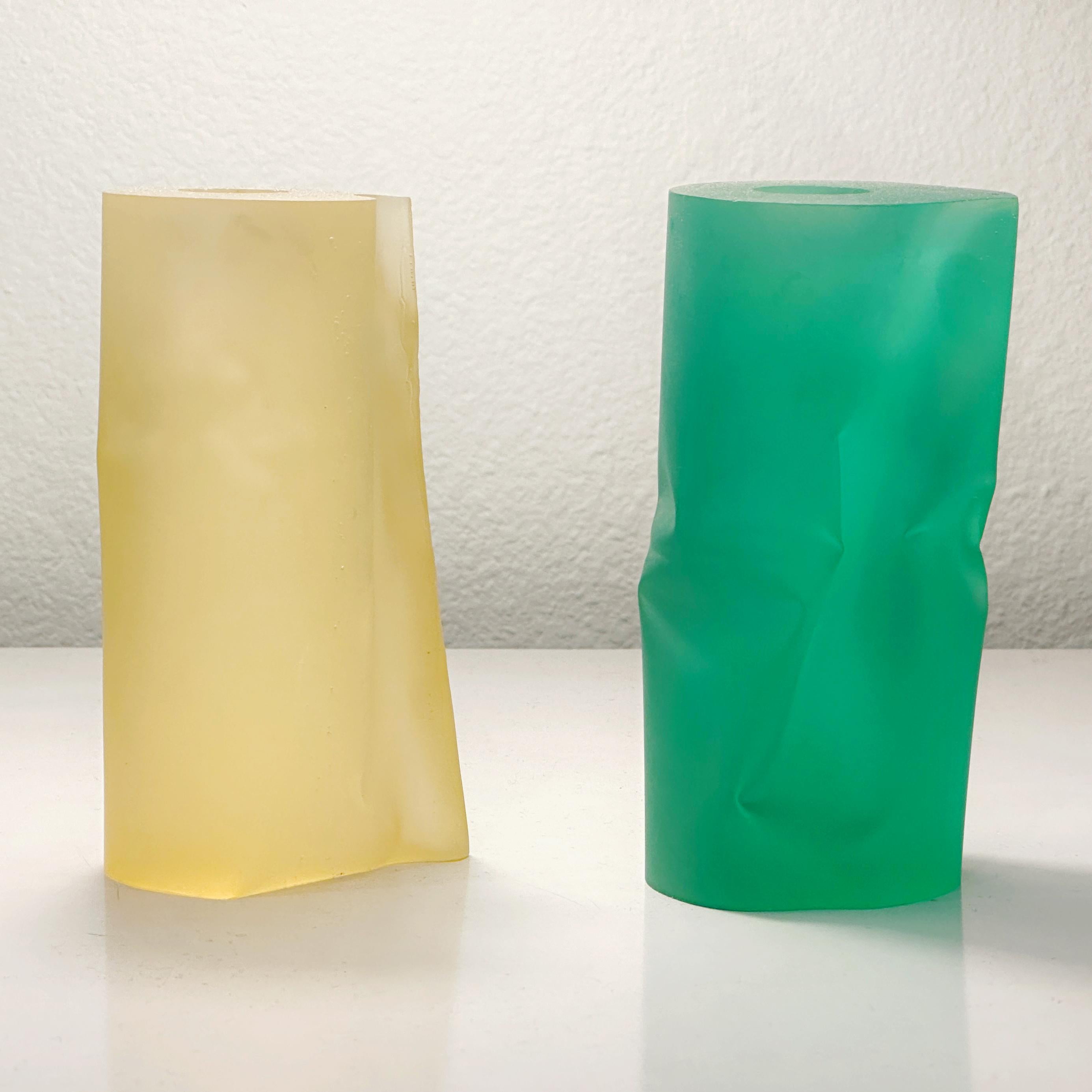 Martha Sturdy Canada Pair Frosted Yellow & Green Resin Candle Holders, ca 1980s In Good Condition In Cathedral City, CA