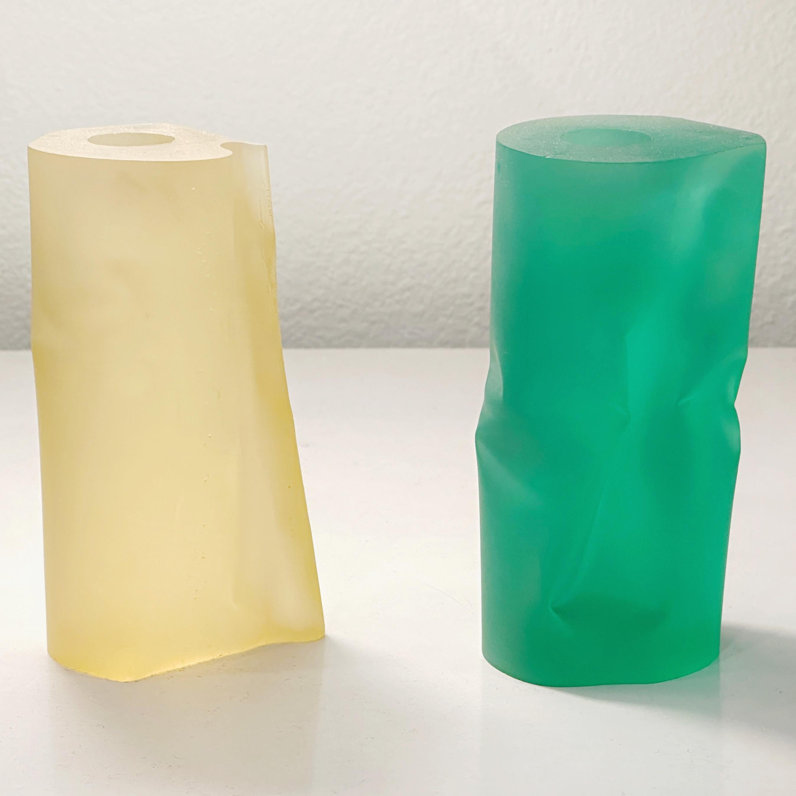 Late 20th Century Martha Sturdy Canada Pair Frosted Yellow & Green Resin Candle Holders, ca 1980s
