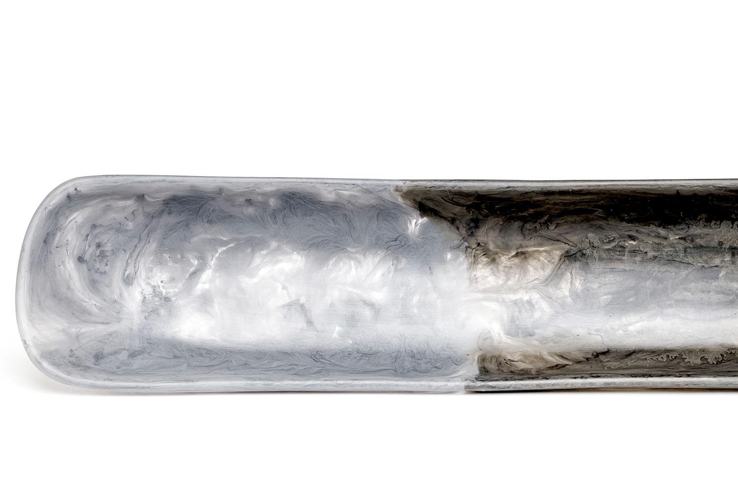 Dual Pour Resin Canoe tray by Martha Sturdy
This is a dual pour marbled gray and olive dual pour resin canoe tray is from artist Martha Sturdy.

Artist, Martha Sturdy was born in 1942 in Vancouver, British Columbia, where she has spent the extent