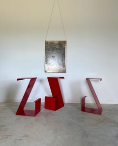 Martha Sturdy Set of 3 Red Industrial Counter Bar Stools Pedestals, Plant Stands