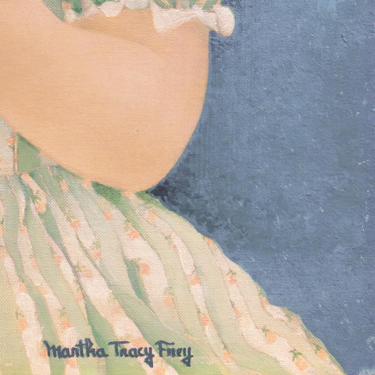 „Sie liebt mich, sie liebt mich nicht“, Mädchen in einem Gingham-Kleid, 1940er Jahre, Volkskunst – Painting von Martha Tracy Frey