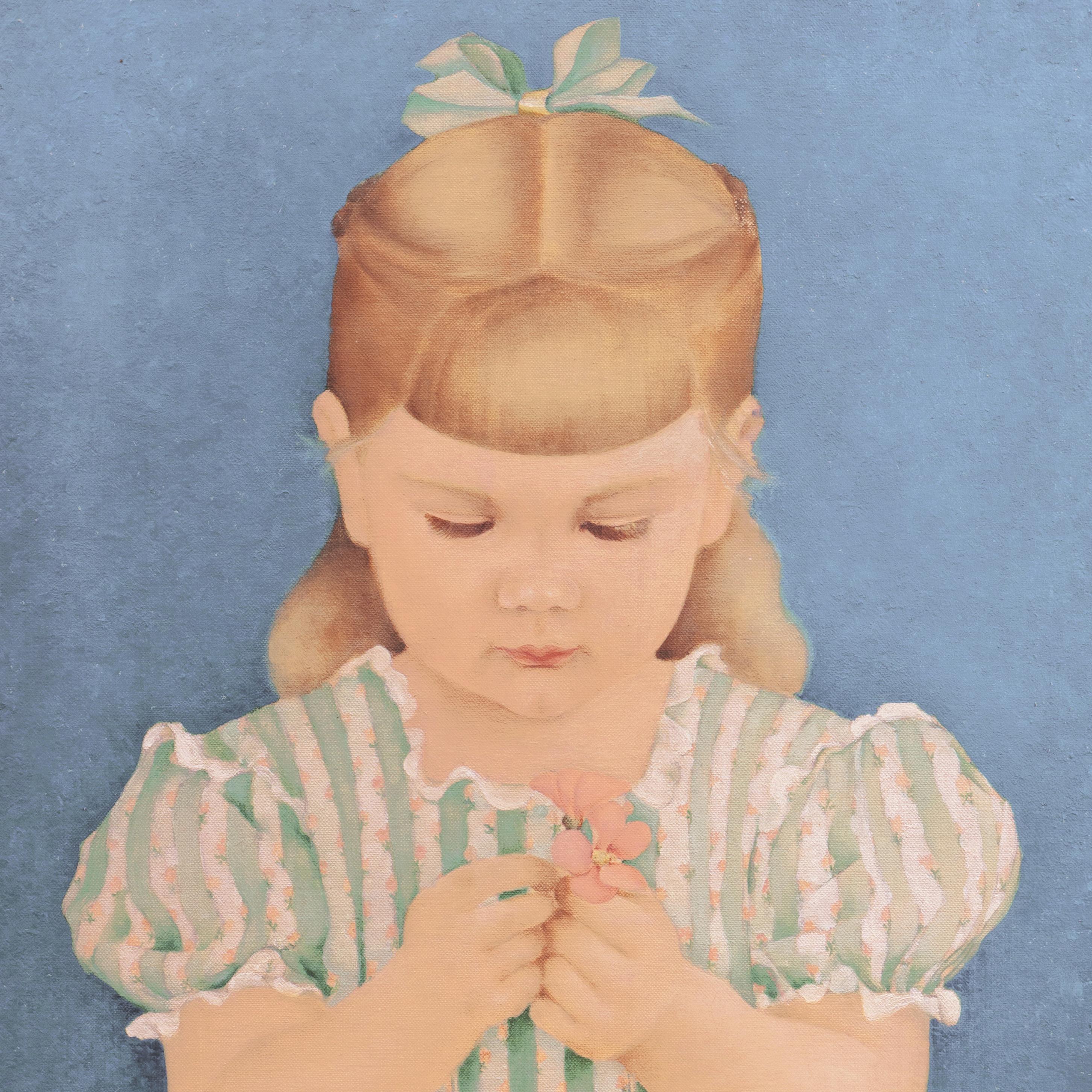 „Sie liebt mich, sie liebt mich nicht“, Mädchen in einem Gingham-Kleid, 1940er Jahre, Volkskunst (Realismus), Painting, von Martha Tracy Frey