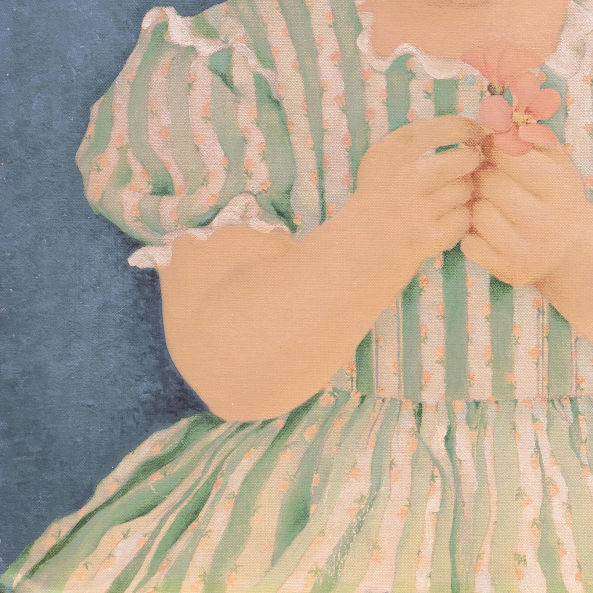 „Sie liebt mich, sie liebt mich nicht“, Mädchen in einem Gingham-Kleid, 1940er Jahre, Volkskunst im Angebot 1
