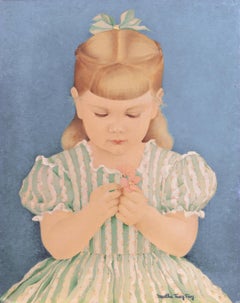 „Sie liebt mich, sie liebt mich nicht“, Mädchen in einem Gingham-Kleid, 1940er Jahre, Volkskunst