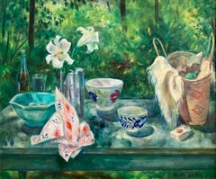 "Nachmittagspicknick" Stillleben im Freien Impressionistisches Ölgemälde mit Blumen