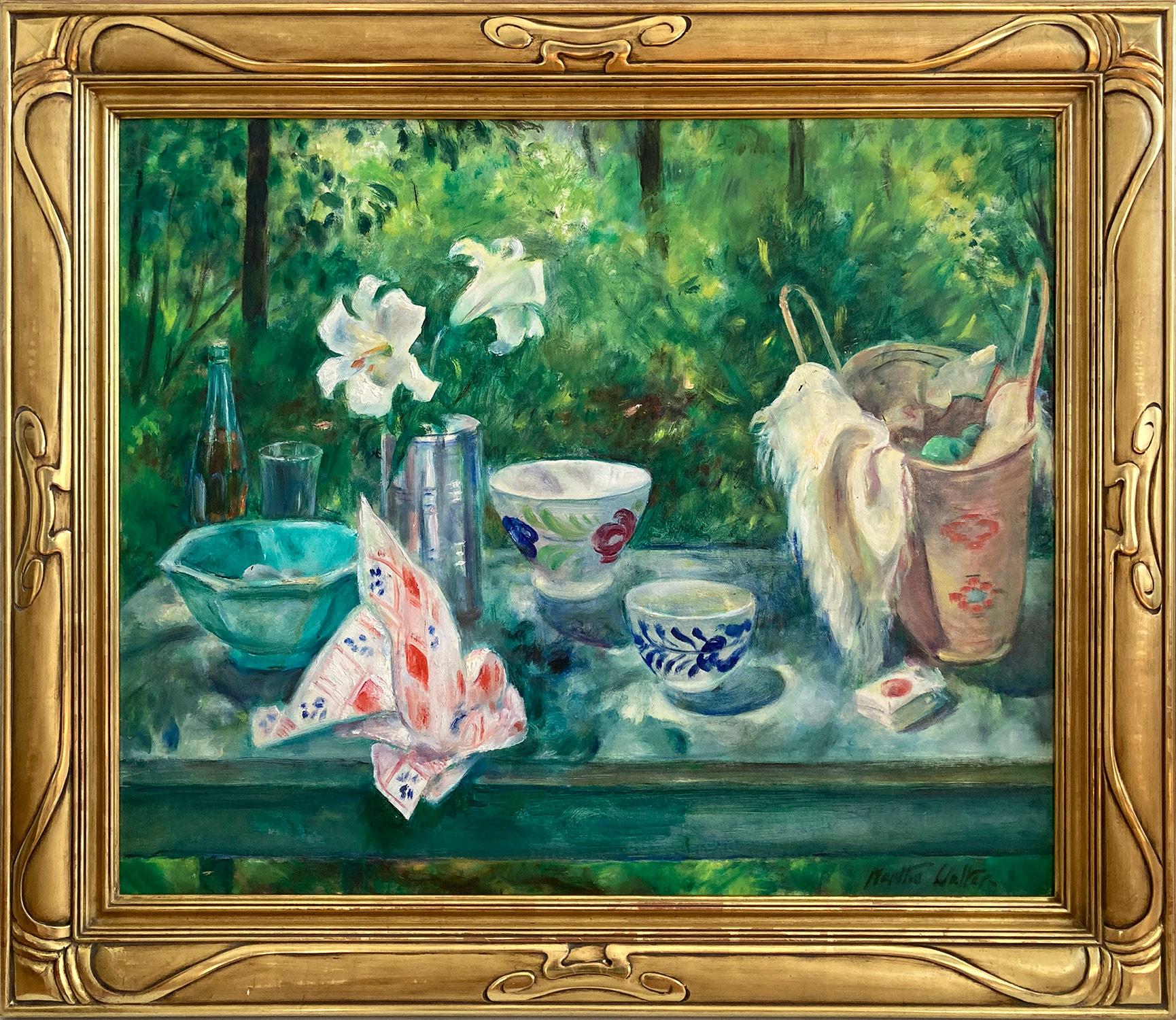 "Picnic por la tarde" Bodegón al aire libre Pintura al óleo impresionista con flores