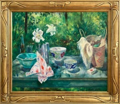 "Picnic por la tarde" Bodegón al aire libre Pintura al óleo impresionista con flores