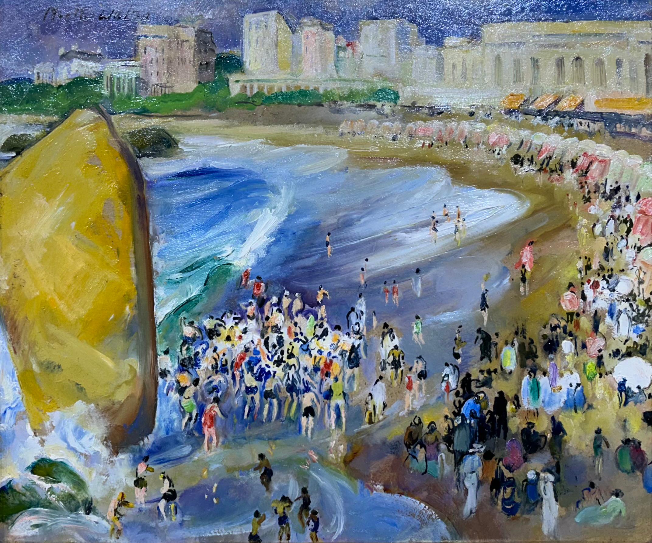 Bathing by the Big Rock, paysage impressionniste américain et scène de plage - Painting de Martha Walter