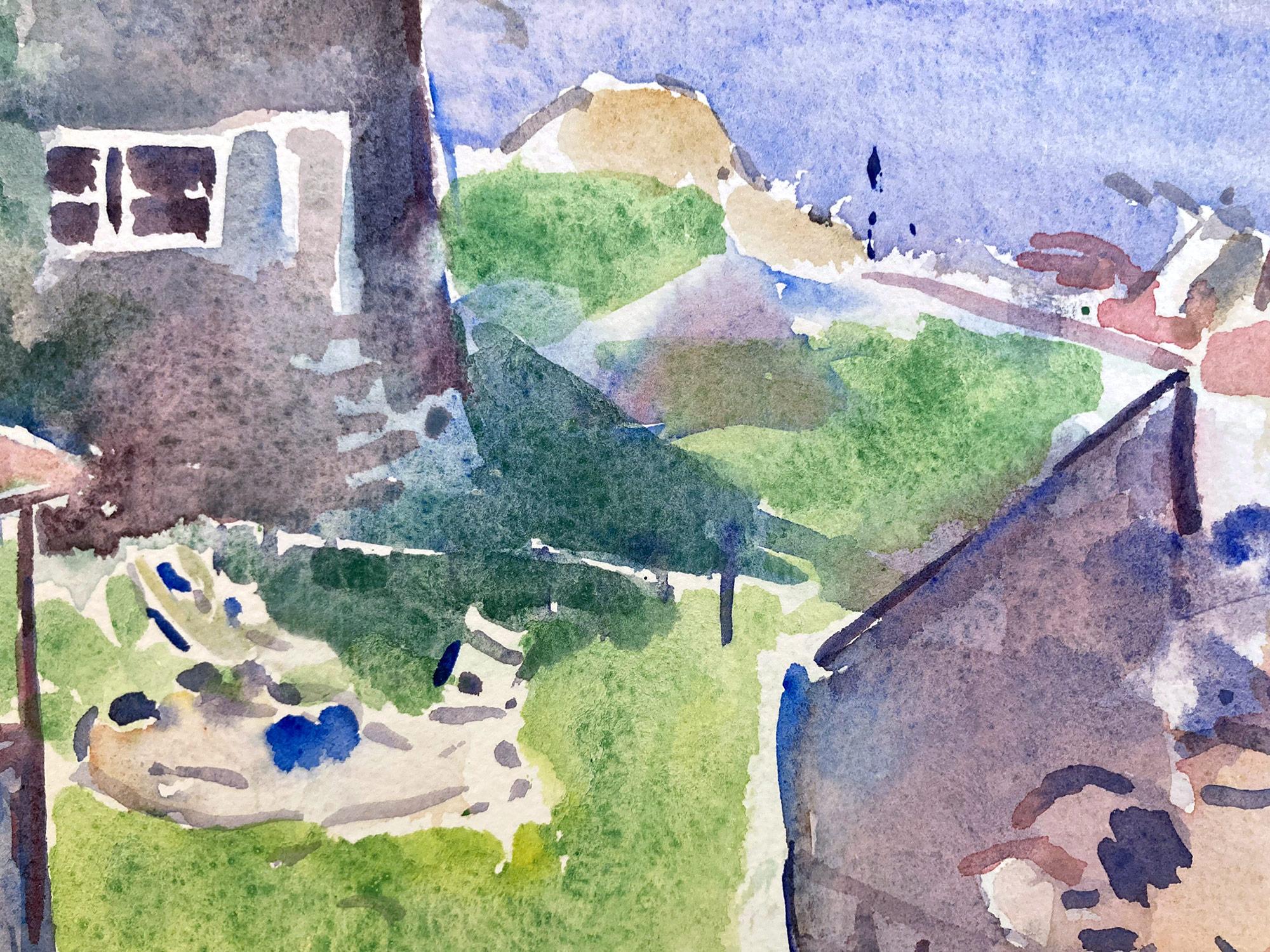 This piece is a playful depiction of a beach house scene of the ocean, sand, and view of a house with its garden with joyful colors and precious details, representing a pertinent example of Martha Walter's most iconic landscapes. Her use of the