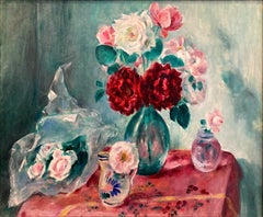 "Still Life with Rose Bouquets" Impressionist Oil of Canvasboard Painting Framed