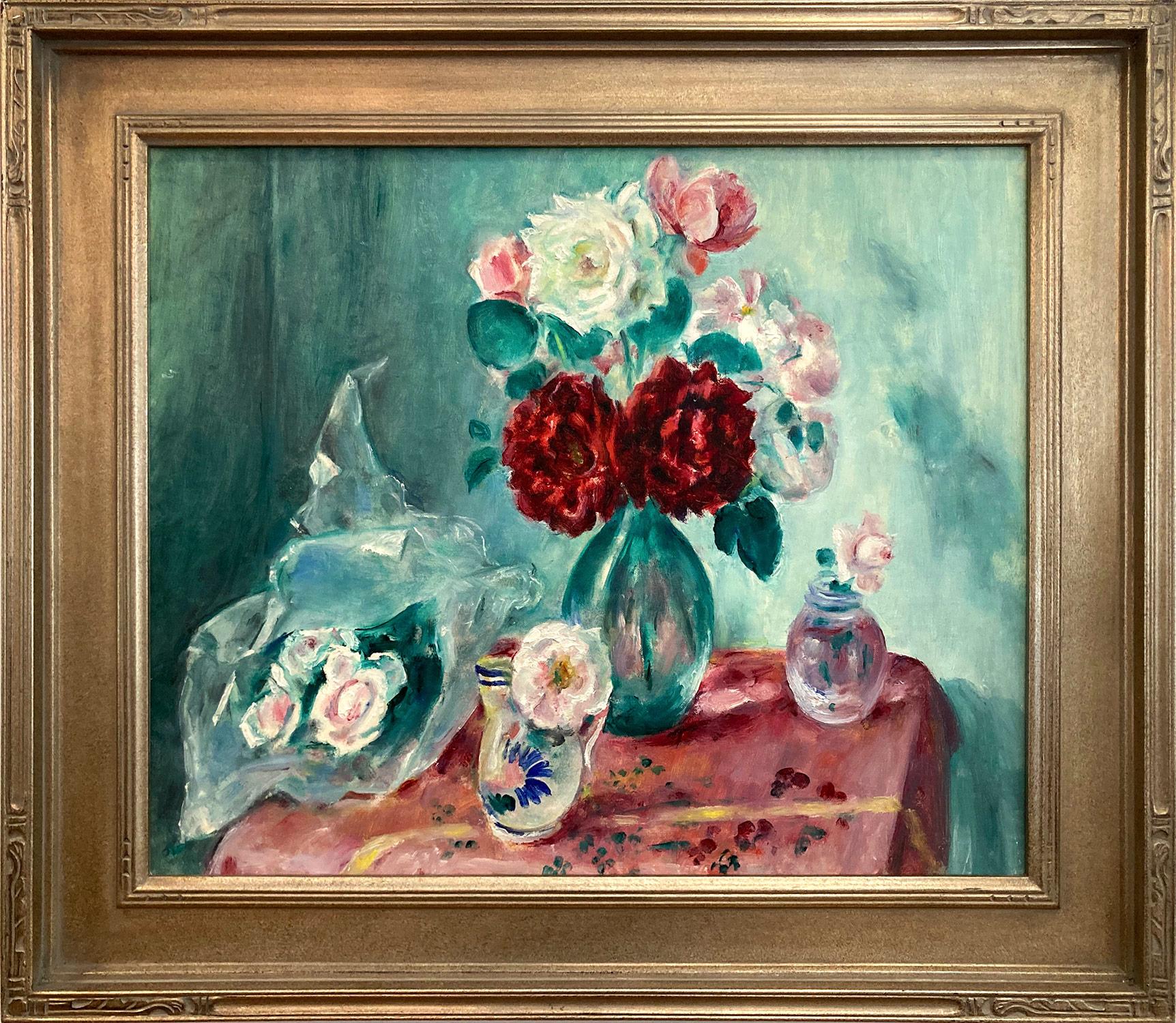 "Nature morte aux bouquets de roses" Peinture impressionniste à l'huile sur toile encadrée