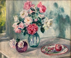 "Still Life with Roses and Fruit" Impressionist Oil of Canvasboard Painting