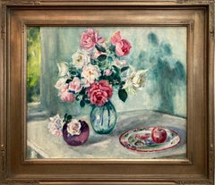 "Still Life with Roses and Fruit" Impressionist Oil of Canvasboard Painting