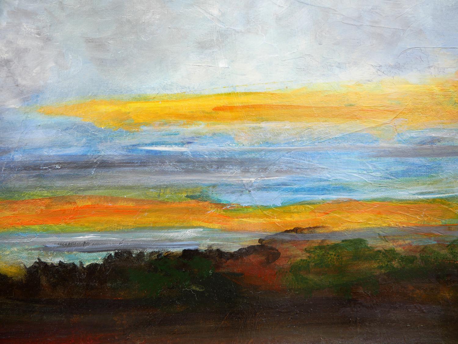 Peinture de paysage abstraite contemporaine rouge, bleue, jaune et verte en vente 6