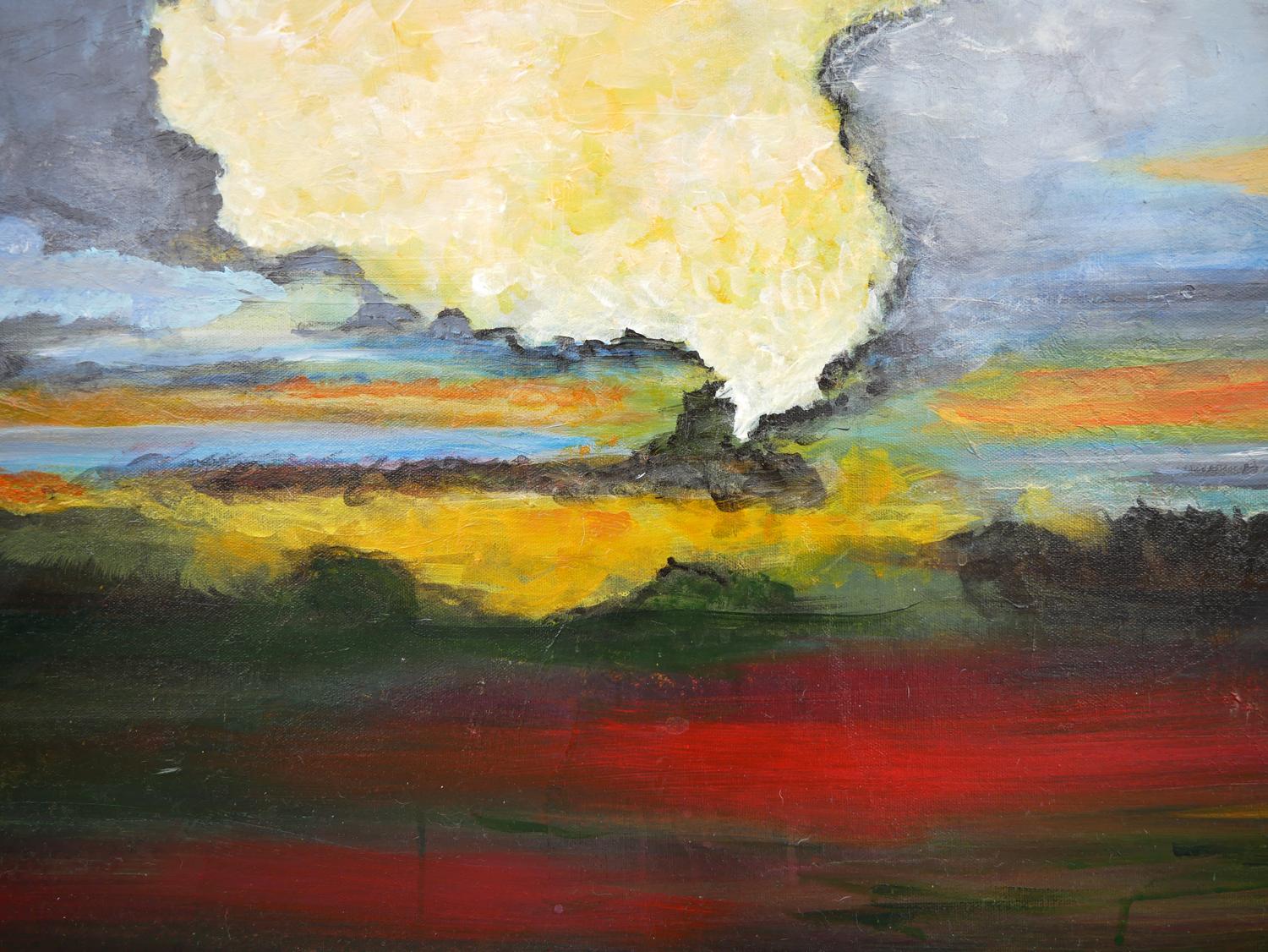 Peinture de paysage abstraite contemporaine rouge, bleue, jaune et verte en vente 8