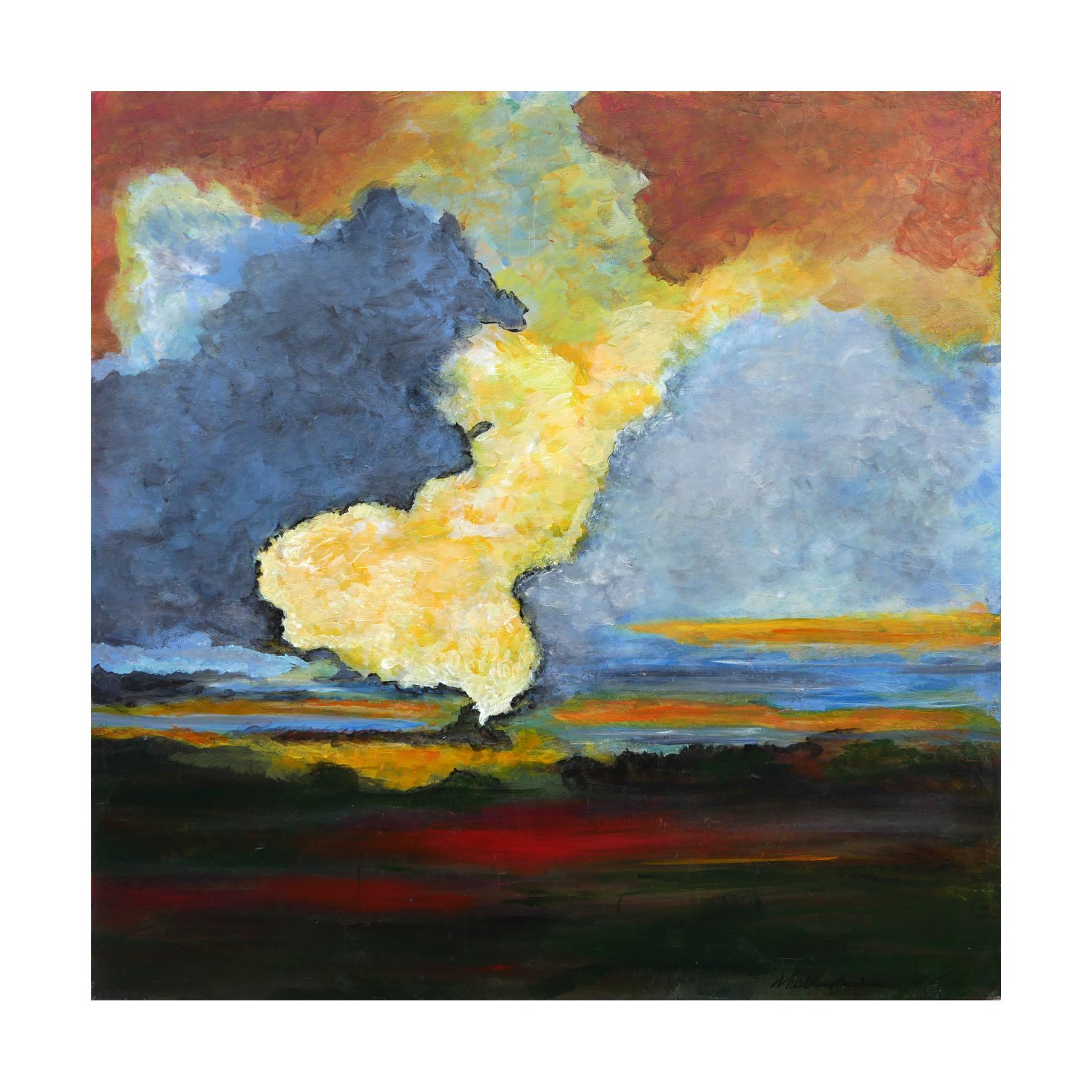Peinture de paysage abstraite contemporaine rouge, bleue, jaune et verte - Painting de Marthann Masterson
