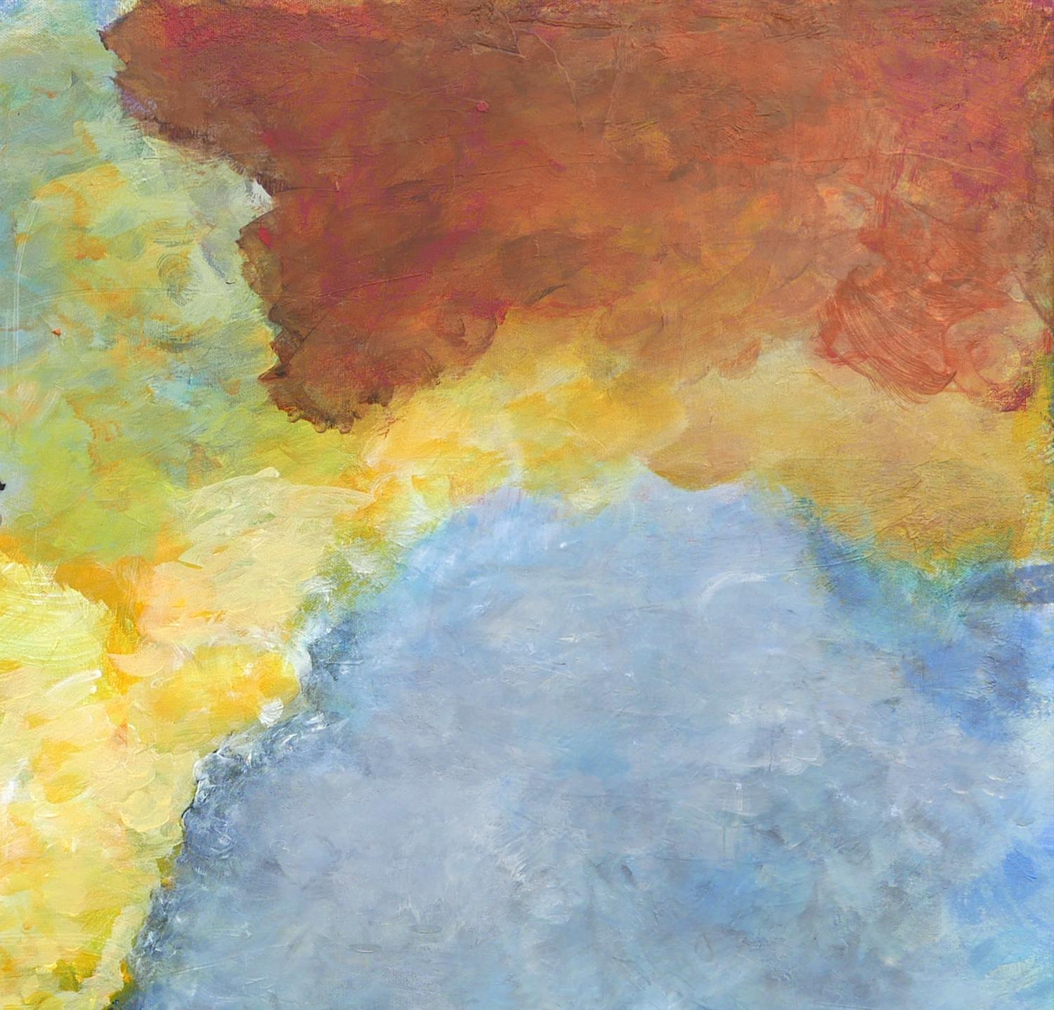 Peinture impressionniste abstraite de paysage rouge, bleu, jaune et vert de l'artiste Marthann Masterson de Houston, TX. L'œuvre représente un paysage sombre d'avion avec des cieux aux tons chauds. Signé par l'artiste en bas à droite. Non encadré