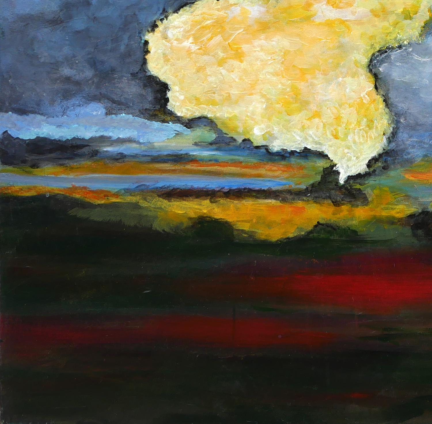 Peinture de paysage abstraite contemporaine rouge, bleue, jaune et verte en vente 1