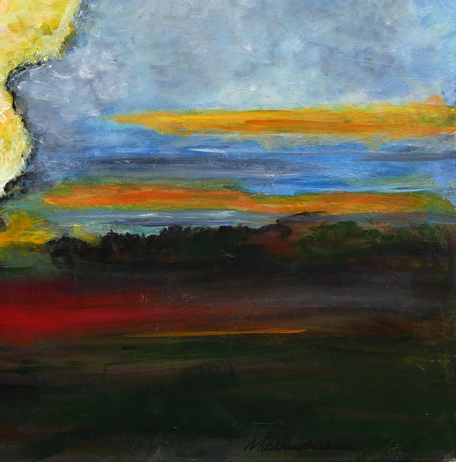 Peinture de paysage abstraite contemporaine rouge, bleue, jaune et verte en vente 2