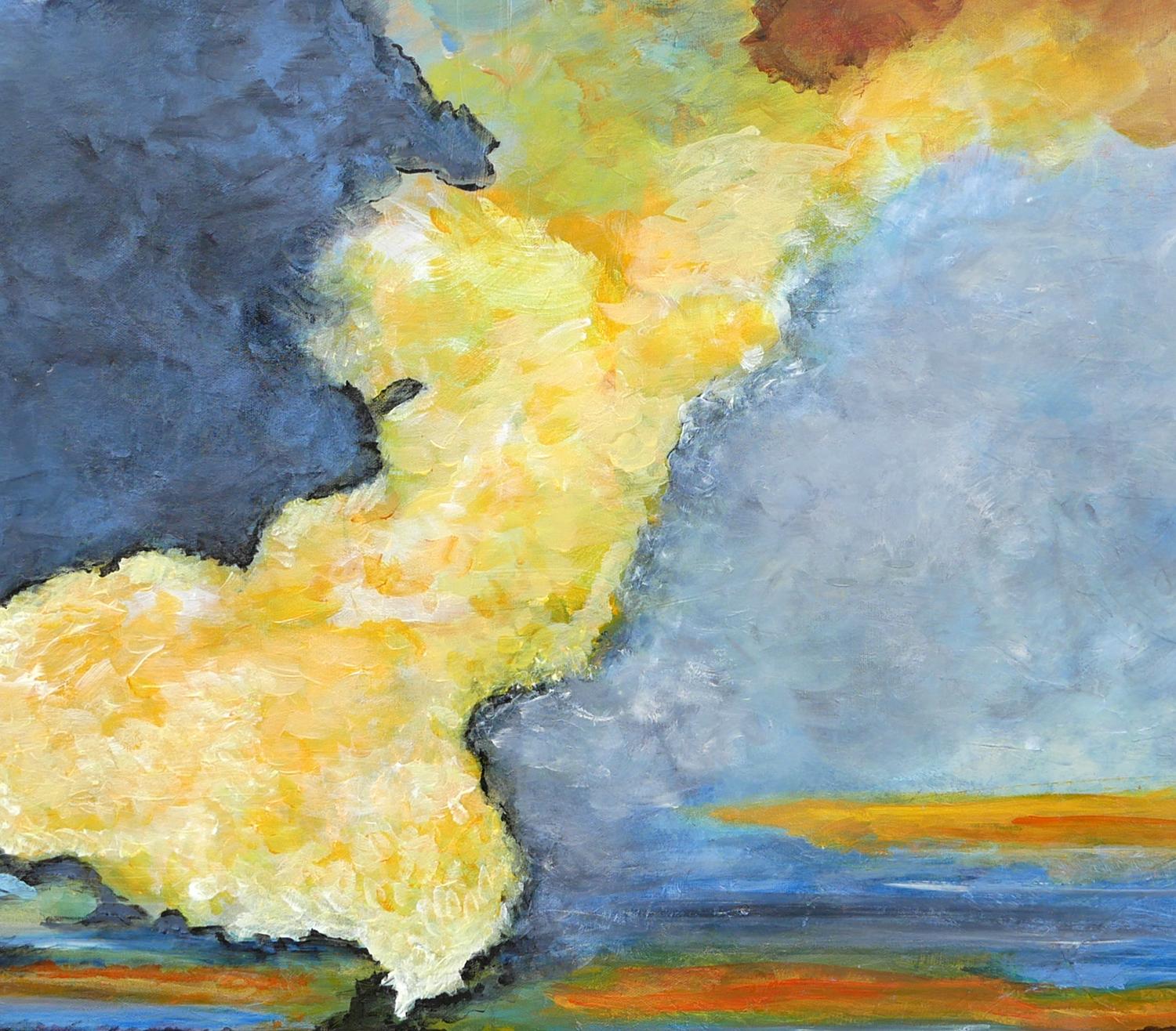 Peinture de paysage abstraite contemporaine rouge, bleue, jaune et verte en vente 3