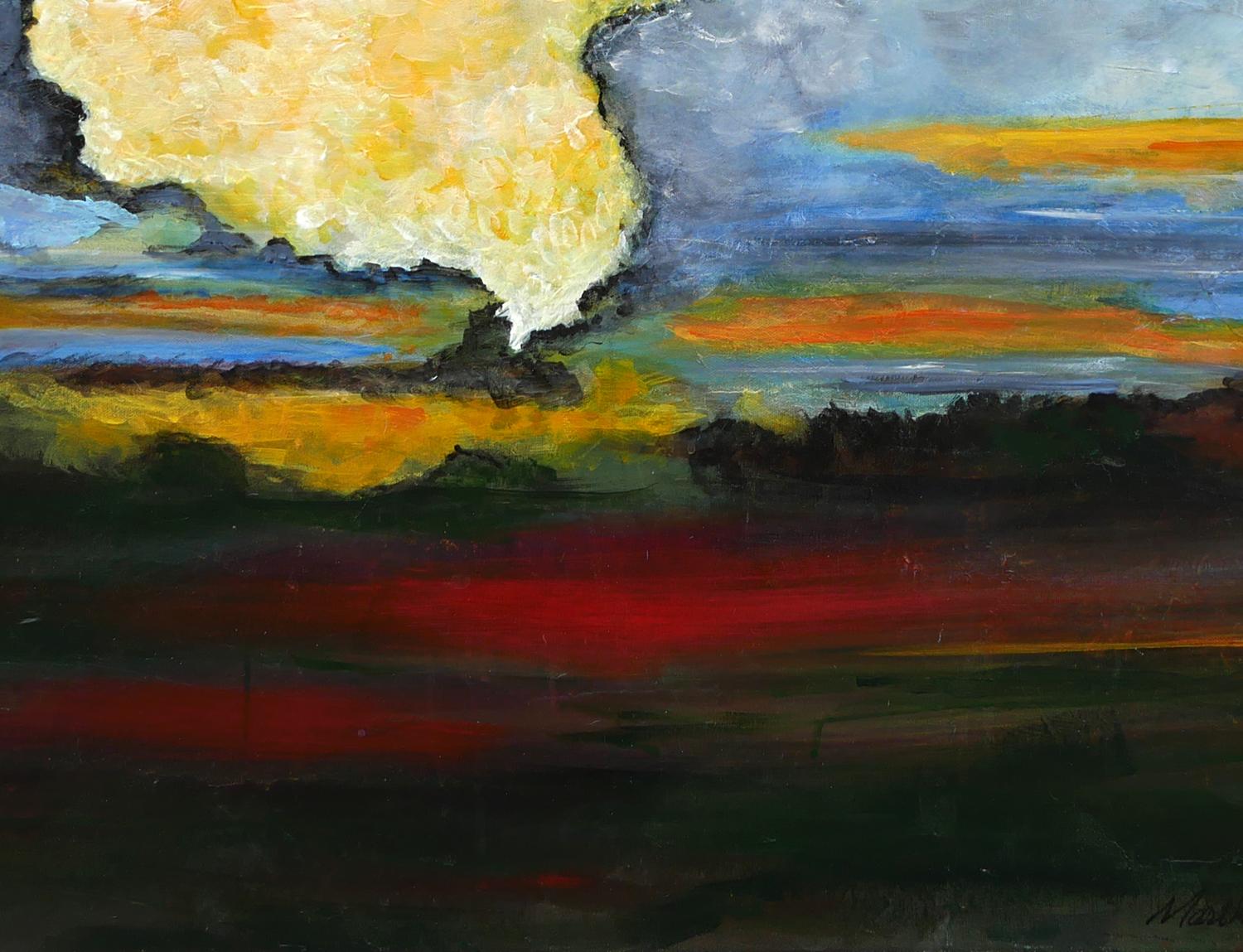 Peinture de paysage abstraite contemporaine rouge, bleue, jaune et verte en vente 4
