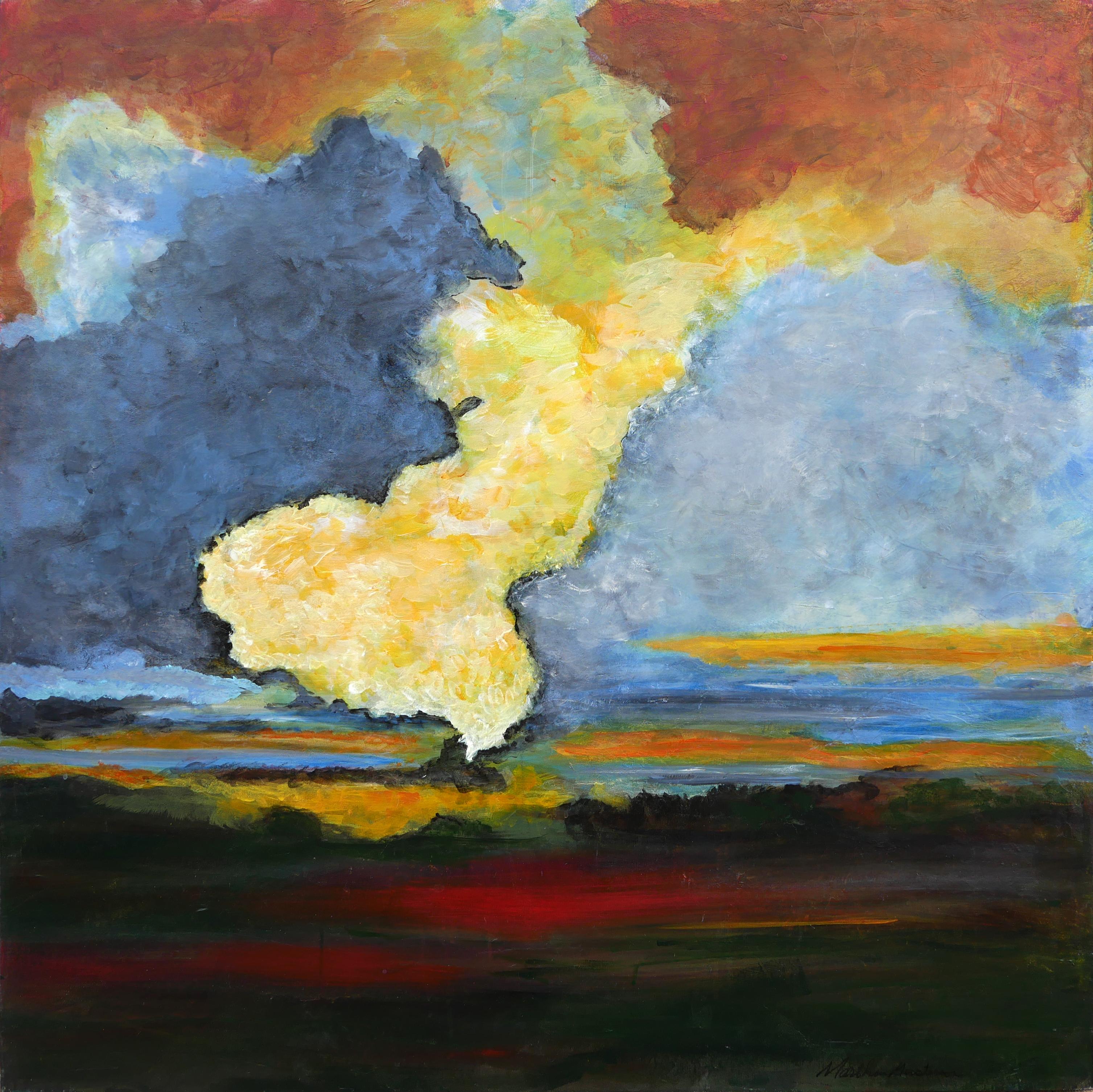 Landscape Painting Marthann Masterson - Peinture de paysage abstraite contemporaine rouge, bleue, jaune et verte