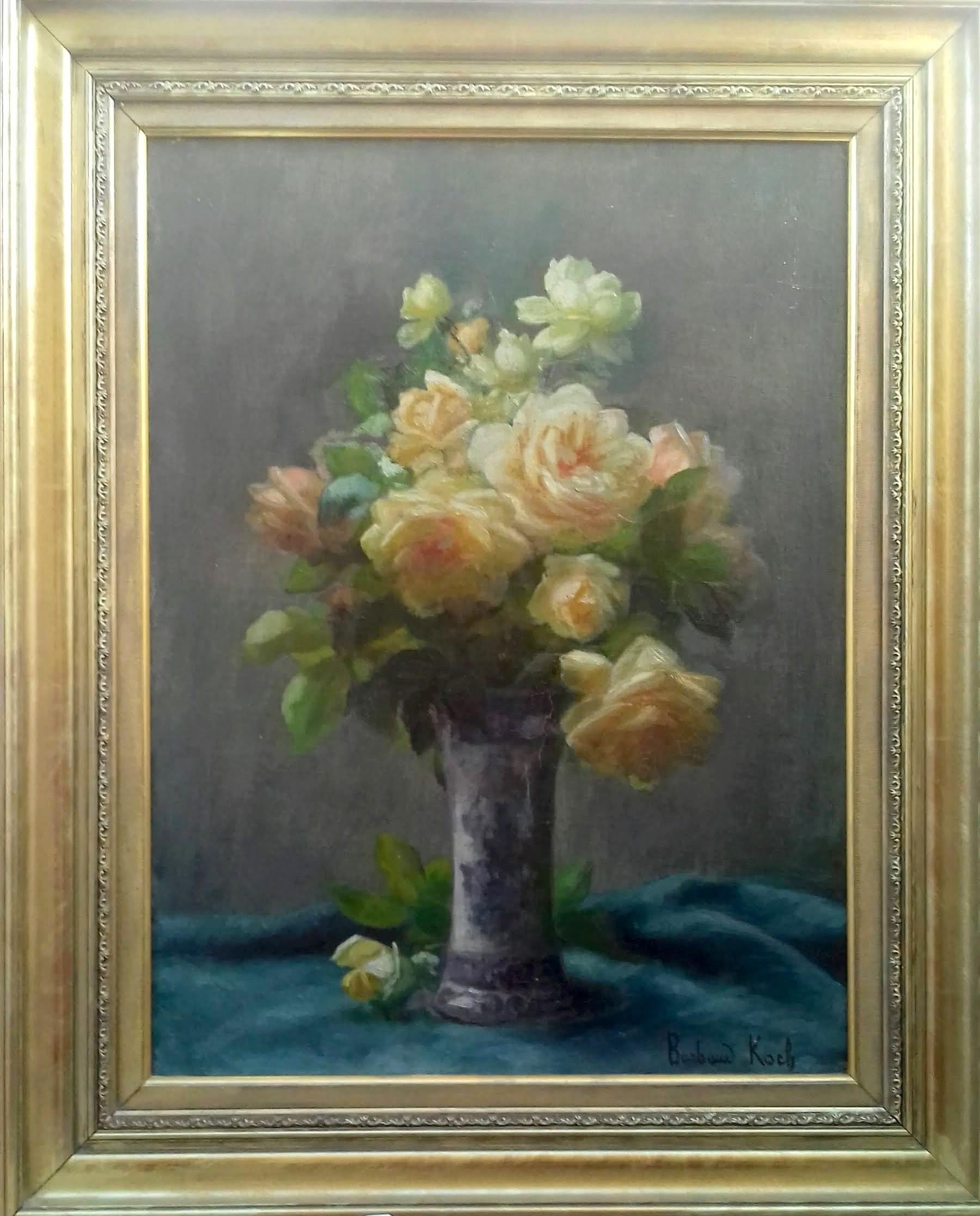 Bouquet Roses Floral Still Life French Art Nouveau period oil painting - Painting by Marthe Élisabeth Barbaud-Koch